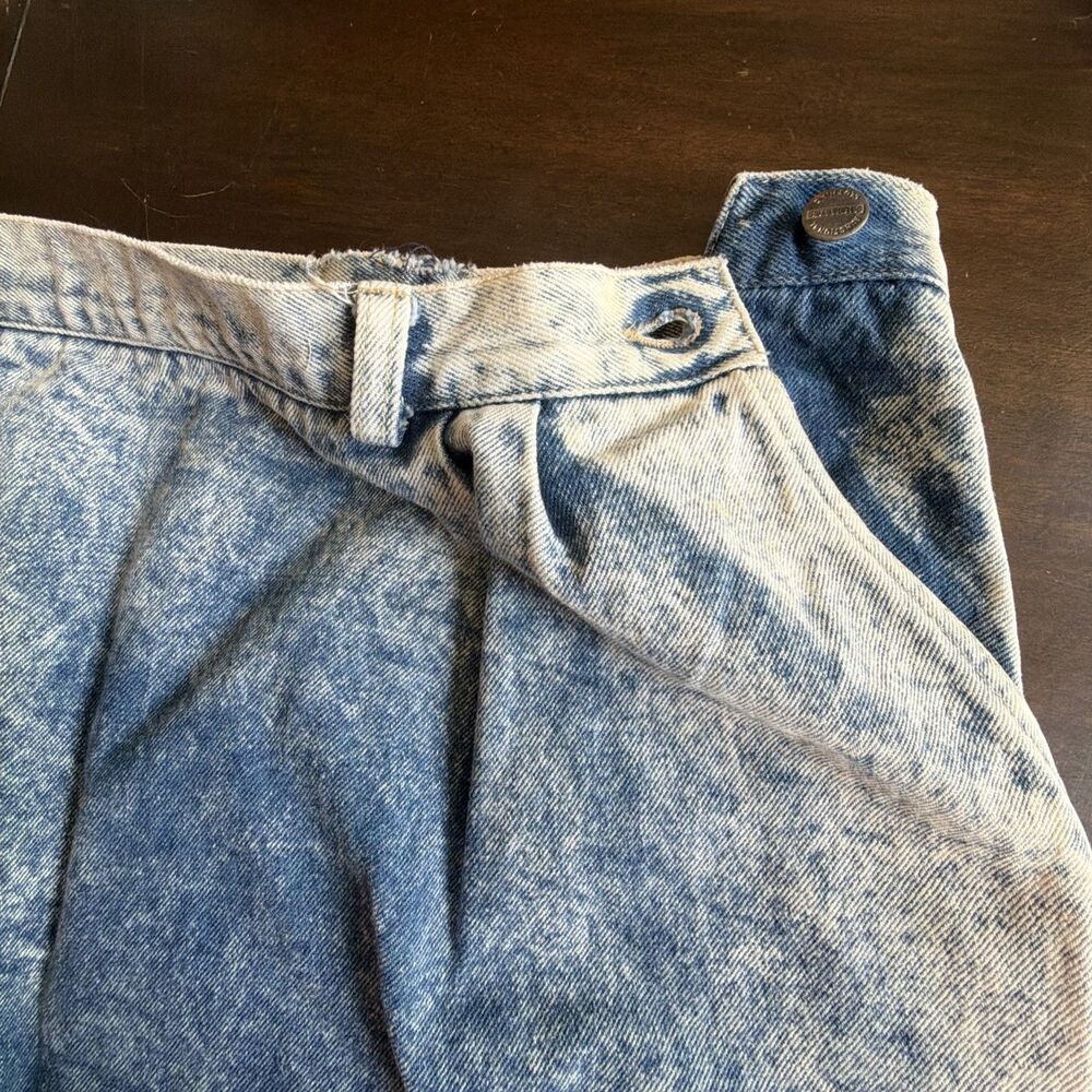 Vintage 80s Palmettos Acid Wash Denim Midi Skirt Pleated Button Back Slit L 16 - Picture 7 of 16